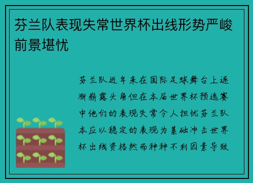 芬兰队表现失常世界杯出线形势严峻前景堪忧