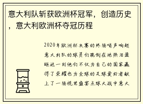 意大利队斩获欧洲杯冠军，创造历史，意大利欧洲杯夺冠历程
