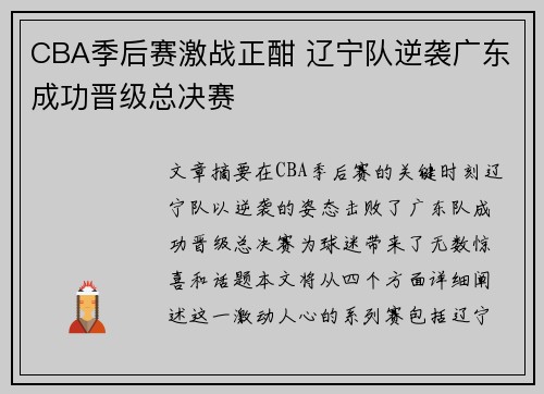 CBA季后赛激战正酣 辽宁队逆袭广东成功晋级总决赛