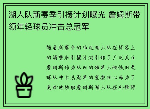 湖人队新赛季引援计划曝光 詹姆斯带领年轻球员冲击总冠军