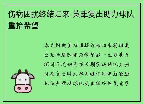 伤病困扰终结归来 英雄复出助力球队重拾希望