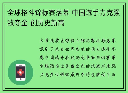 全球格斗锦标赛落幕 中国选手力克强敌夺金 创历史新高